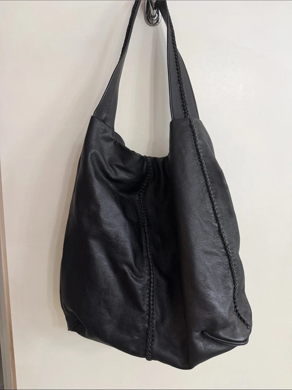 Black Leather Hobo Bag with Braided Detail